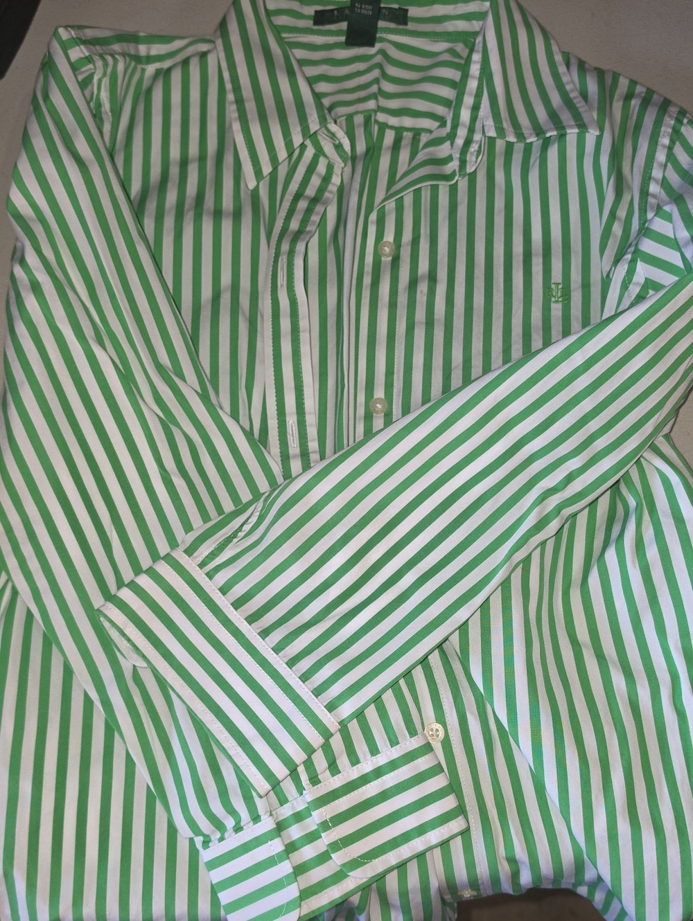 Lauren Ralph Lauren Green and White Striped Button-Down Shirt